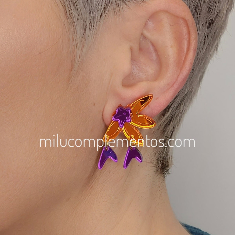 Pendientes metacrilato MEDIA FLOR MANDARINA efecto espejo