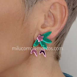 Pendientes metacrilato MEDIA FLOR VERDE-ROSA efecto espejo