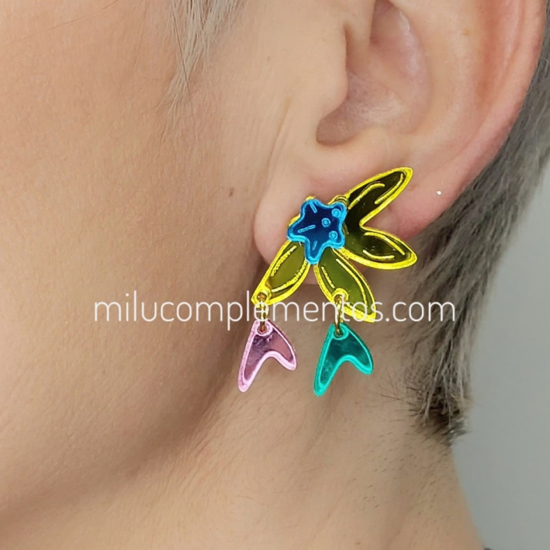 Pendientes metacrilato MEDIA FLOR MULTICOLOR efecto espejo