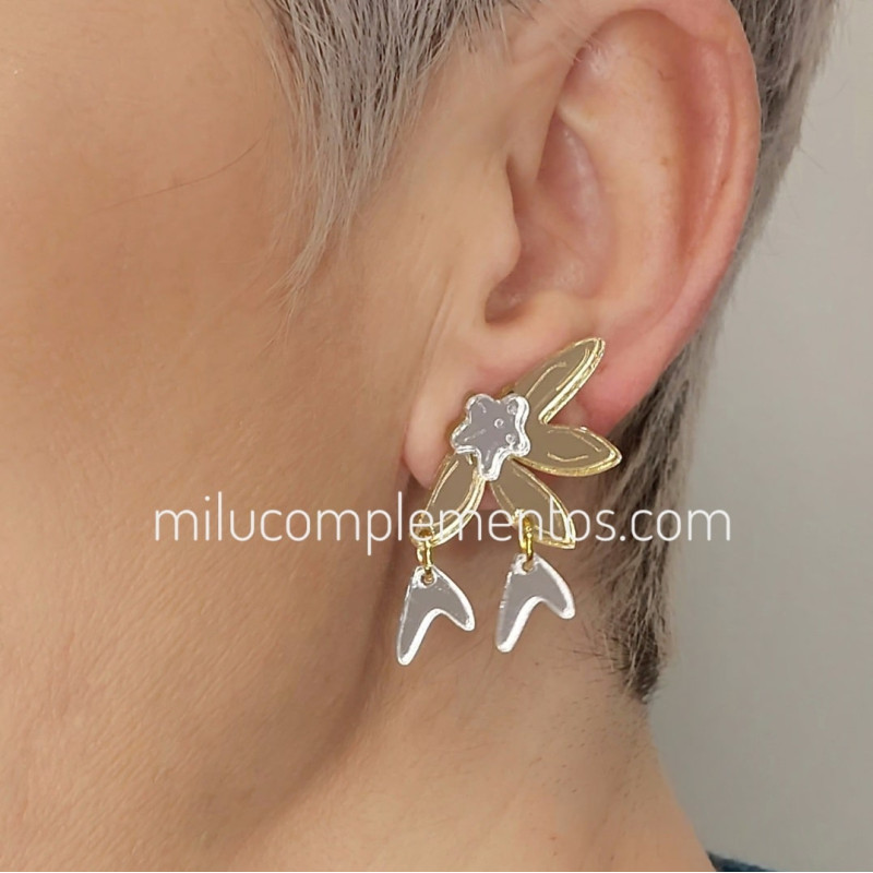 Pendientes metacrilato MEDIA FLOR ORO-PLATA efecto espejo