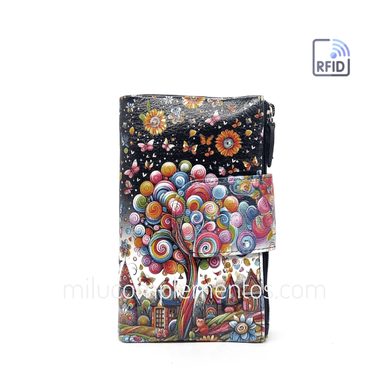 Cartera de piel mediana Belmonte paisaje negra/multicolor 2025