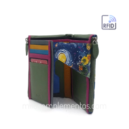 Cartera de piel mediana Belmonte paisaje azul/multicolor RFID