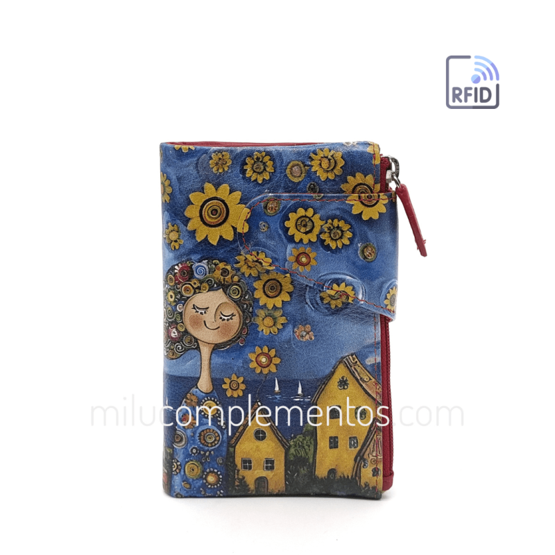 Cartera de piel pequeña Belmonte paisaje azul/multicolor RFID