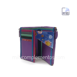 Cartera de piel mediana Belmonte paisaje azul/multicolor abierta