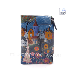 Cartera de piel pequeña Belmonte paisaje azul/multicolor pintada a mano