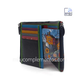 Cartera de piel mediana Belmonte paisaje azul/multicolor interior