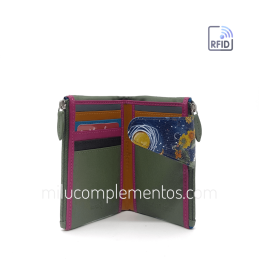 Cartera de piel pequeña Belmonte paisaje azul/multicolor abierta