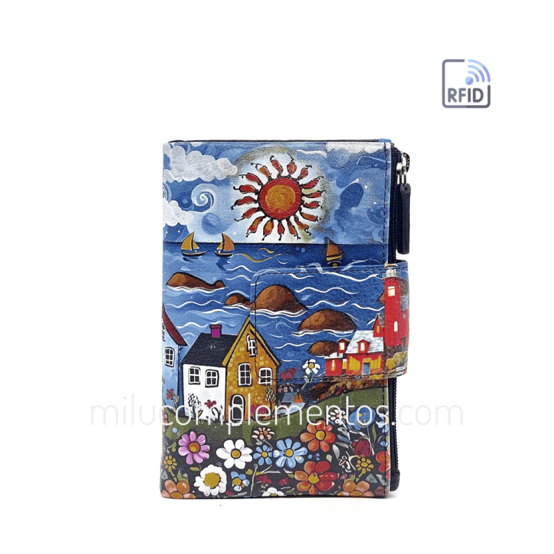 Cartera de piel mediana Belmonte paisaje azul/multicolor mujer