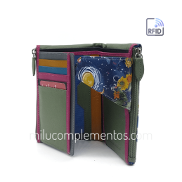 Cartera de piel mediana Belmonte paisaje azul/multicolor RFID