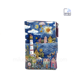 Cartera de piel mediana Belmonte paisaje azul/multicolor faro