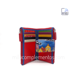 Cartera de piel pequeña Belmonte paisaje azul/multicolor tarjetas y monedero