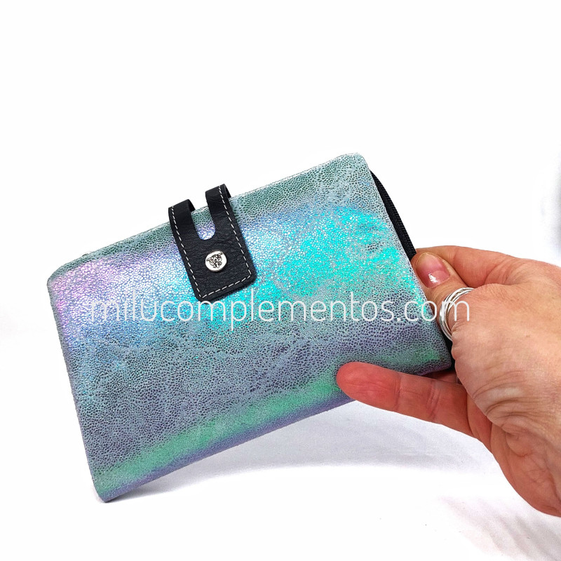 Cartera monedero mediana Caramelo azul tornasolado de piel online