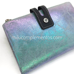 Cartera monedero mediana Caramelo azul tornasolado de piel nueva colección