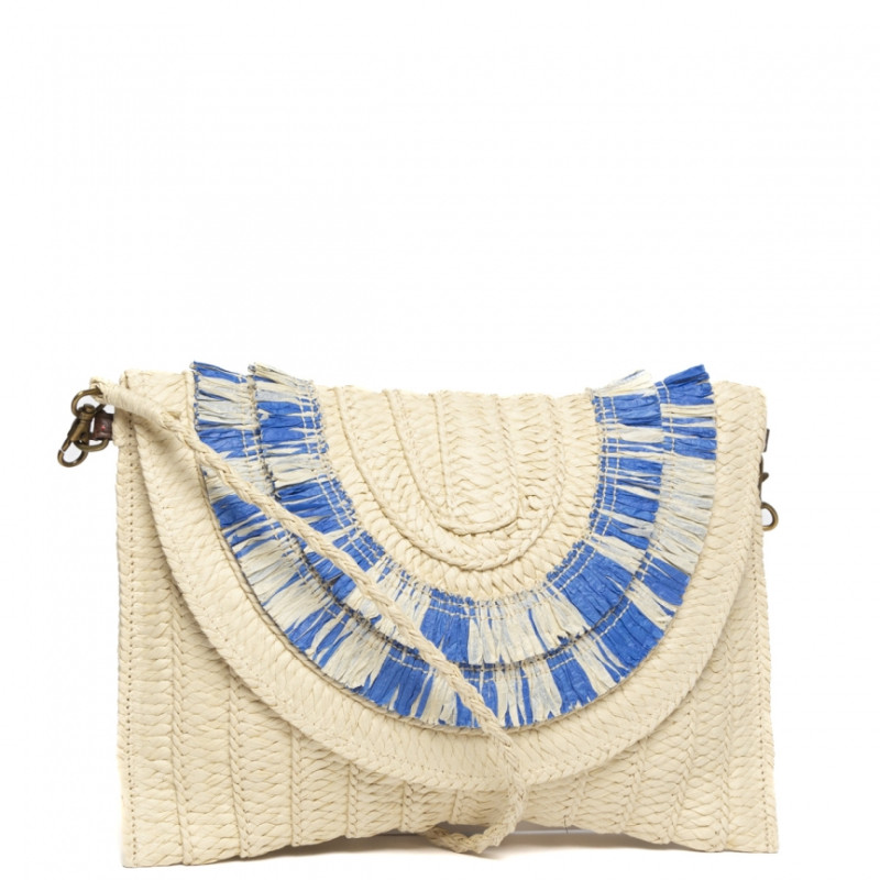 Bolso clutch marca Tantrend color marfil/azul con solapa de mujer
