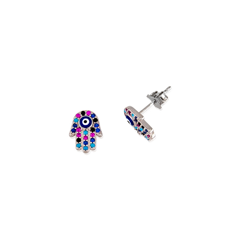 Pendientes mano de Fátima de plata de ley 925 con circonitas multicolor