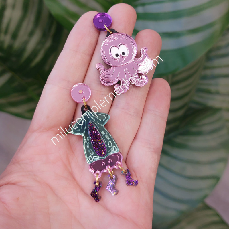 Pendientes metacrilato PULPO Y CALAMAR efecto espejo