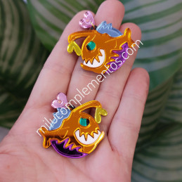 Pendientes metacrilato PEZ DIABLO NARANJA efecto espejo en ano