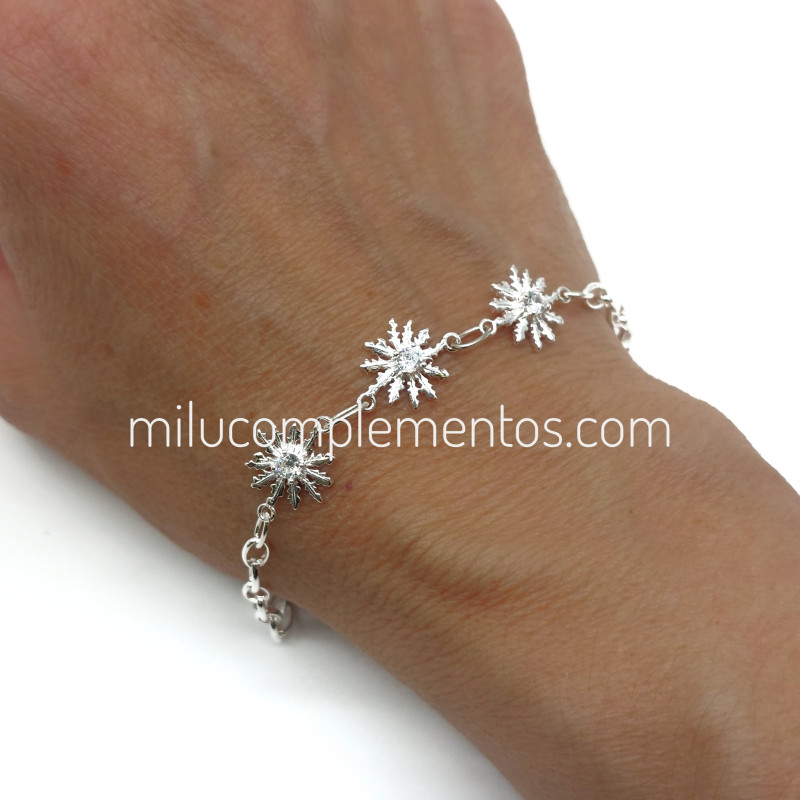 Pulsera Eguzkilore de plata de ley 925 con circonitas blancas y cadena de bolitas