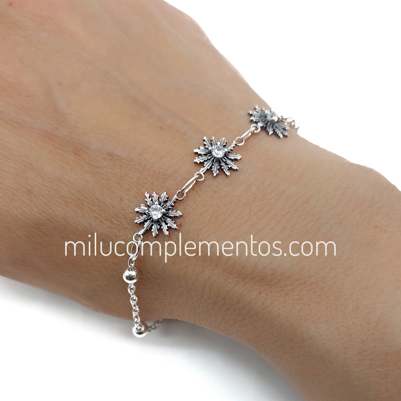 Pulsera Eguzkilore envejecida de plata de ley 925 cadena de bolitas y circonitas blancas
