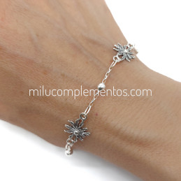 Pulsera Eguzkilore envejecida de plata de ley 925 con cadena de plata de bolitas