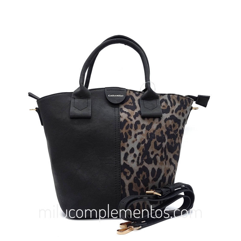 Bolso Caramelo color negro de mujer animal print