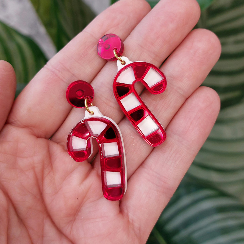 Pendientes de navidad metacrilato BASTÓN DE CARAMELO efecto espejo