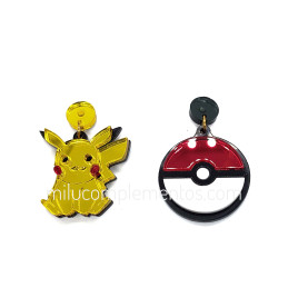 Pendientes metacrilato PIKACHU efecto espejo y su Poké Ball