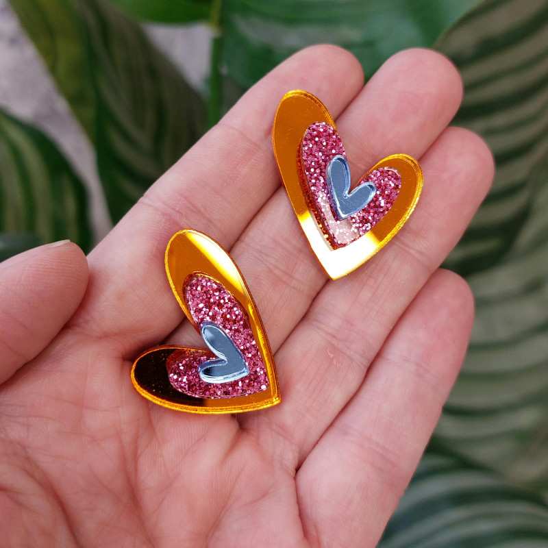 Pendientes de metacrilato CORAZÓN A TRES ALTURAS NARANJA efecto espejo de mujer