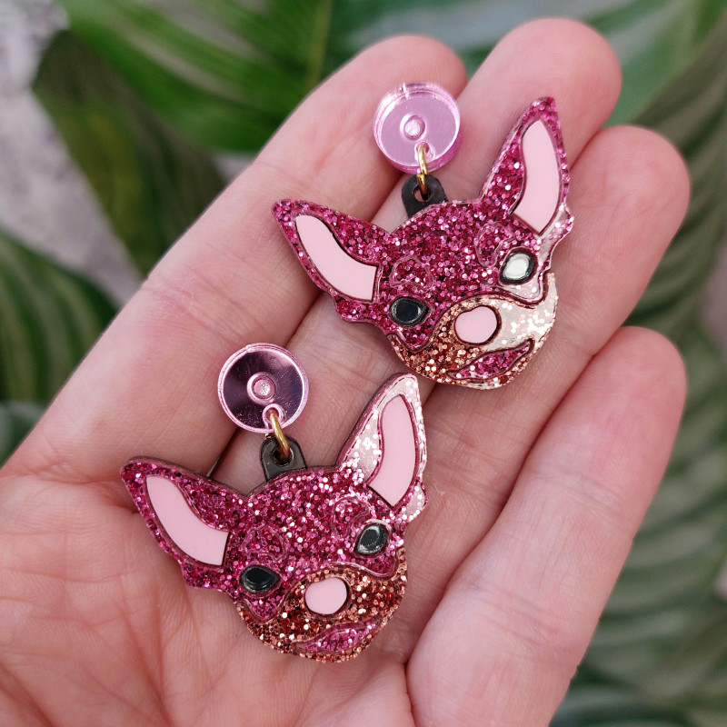Pendientes de metacrilato CHIHUAHUA ROSA GLITTER efecto espejo de chica