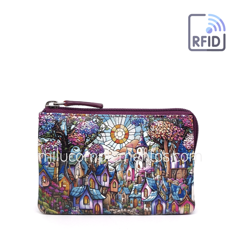 Monedero de piel Belmonte paisaje morado multicolor colección Vidrieras de chica