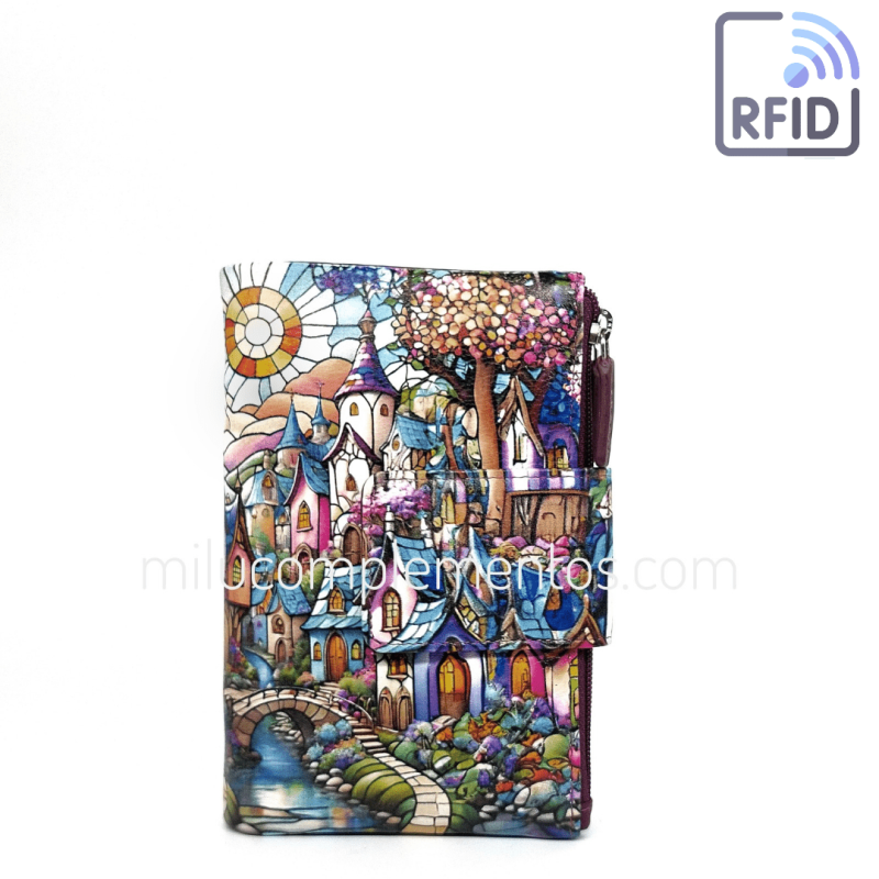 Cartera de piel pequeña Belmonte paisaje morado multicolor colección Vidrieras de mujer online
