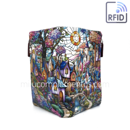 Cartera de piel pequeña Belmonte paisaje completo morado multicolor colección Vidrieras de mujer