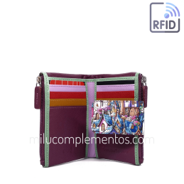 Cartera de piel pequeña Belmonte paisaje morado multicolor colección Vidrieras de mujer abierta