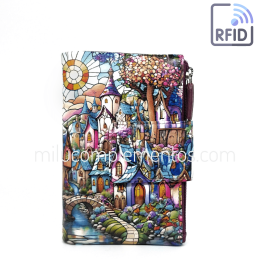 Billetera de piel mediana Belmonte paisaje morada multicolor colección Vidrieras de mujer