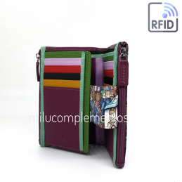Cartera de piel mediana Belmonte paisaje morada multicolor colección Vidrieras de mujer abierta