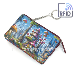 Monedero de piel Belmonte paisaje multicolor colección Setas de chica con llavero