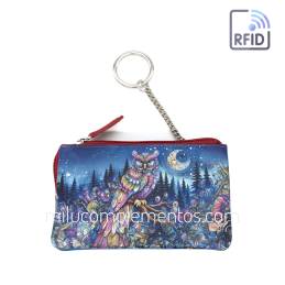 Monedero de piel Belmonte Luna menguante multicolor colección Búhos de chica con llavero