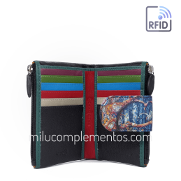 Cartera de piel pequeña Belmonte Luna llena otoño multicolor colección Búhos de mujer abierta, con huecos para fotos