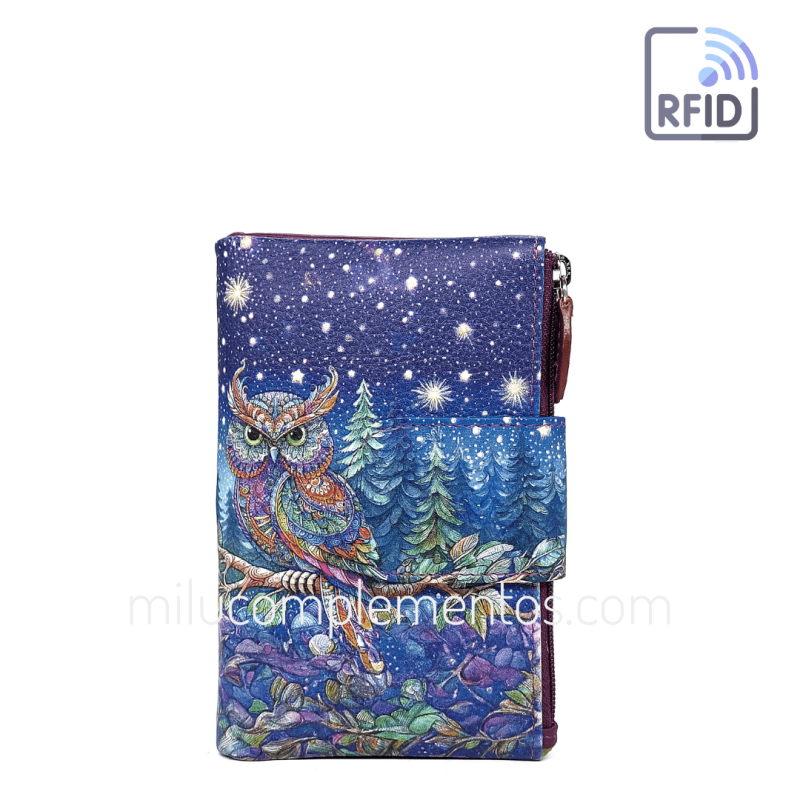 Cartera de piel pequeña Belmonte Luna llena multicolor colección Búhos de mujer con sistema antirrobo RFID