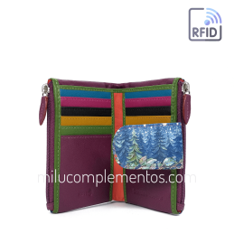 Cartera de piel pequeña Belmonte Luna llena multicolor colección Búhos de mujer con huecos para fotos