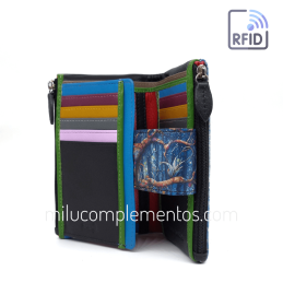 Cartera de piel mediana Belmonte Luna llena otoño multicolor colección Búhos de mujer con huecos para fotos