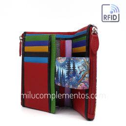 Cartera de piel mediana Belmonte Luna menguante multicolor colección Búhos de chica con huecos para fotografias