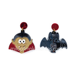 Terroríficos pendientes de metacrilato VAMPIRO Y MURCIÉLAGO efecto espejo de Haloween