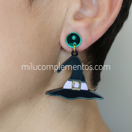 Pendientes de metacrilato BRUJA HALLOWEEN efecto espejo sombrero