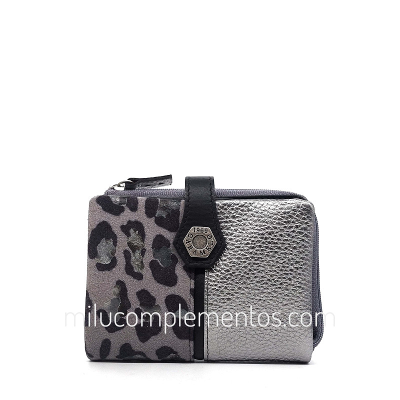 Cartera monedero pequeña Caramelo gris de piel de mujer de la colección Piel metal Leopardo
