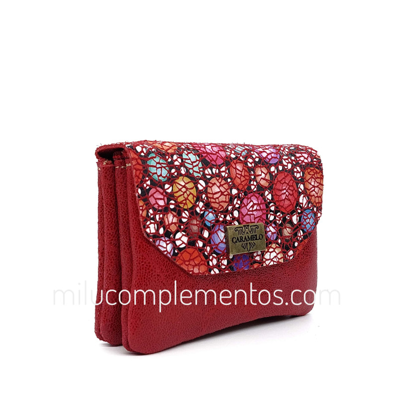 Monedero Caramelo rojo de piel con solapa, de mujer de la colección Piel print topos online
